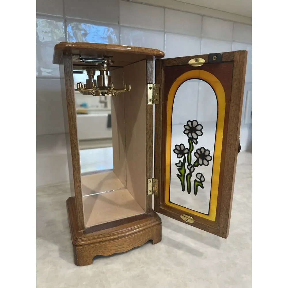 Vintage Wooden Jewelry Cabinet with Clear Floral Door, Mirror, & Necklace Hanger